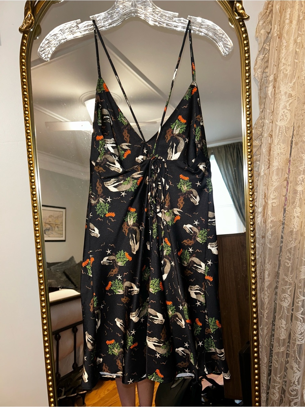 Zara Black mini Slip Dress with summery mermaid print